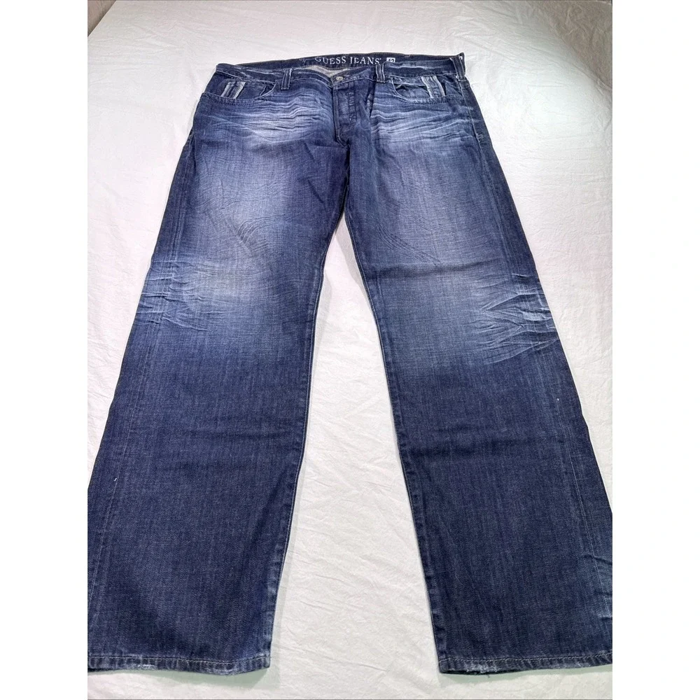 Guess Jeans Rebel  Straight Men 42 Y2K DARK Wash HEAVY WHISKERING